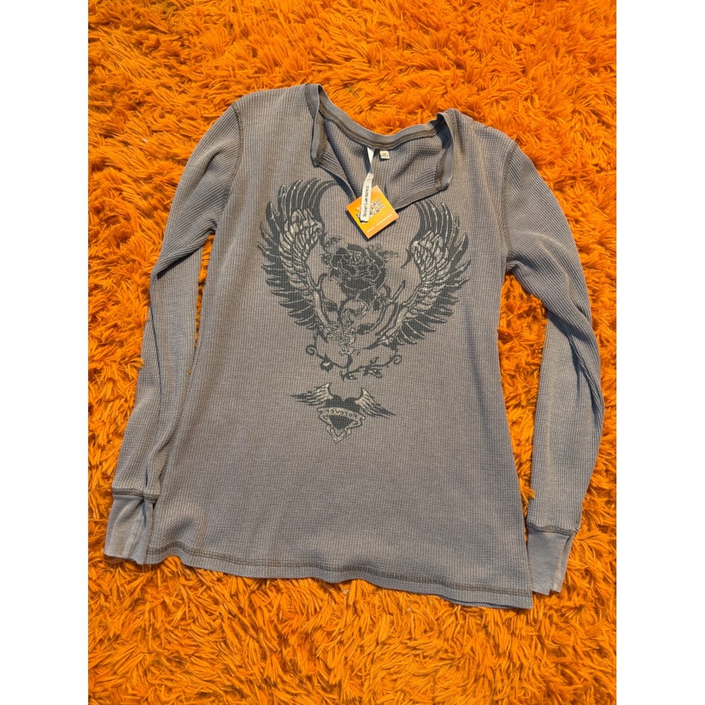 Susan Lawrence Winged Rose Graphic Thermal Waffle Knit Top Grey Women Medium NWT